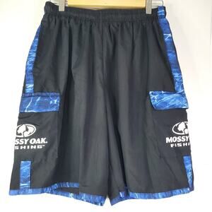 Mossy Oak Men’s L Fishing Elements Swim Cargo Shorts Black /Blue Camo Trim